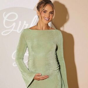 Sage Green Maternity Long Sleeve Floor Length Dress